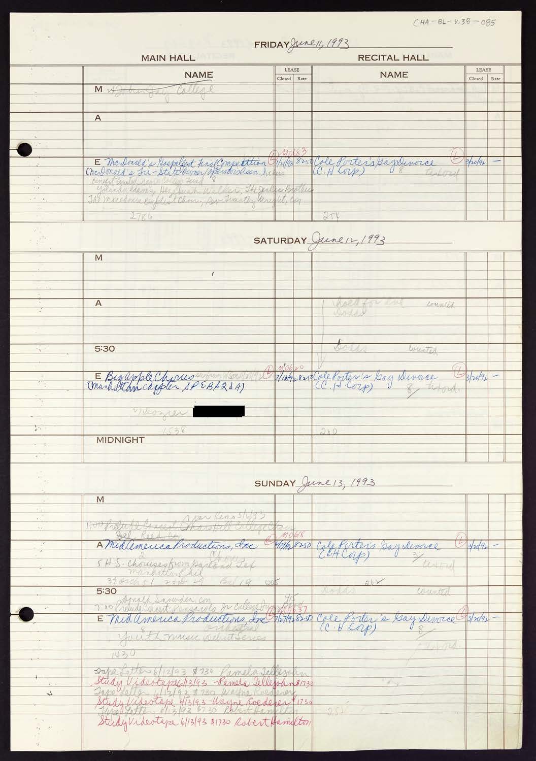 Carnegie Hall Booking Ledger, volume 38, page 85