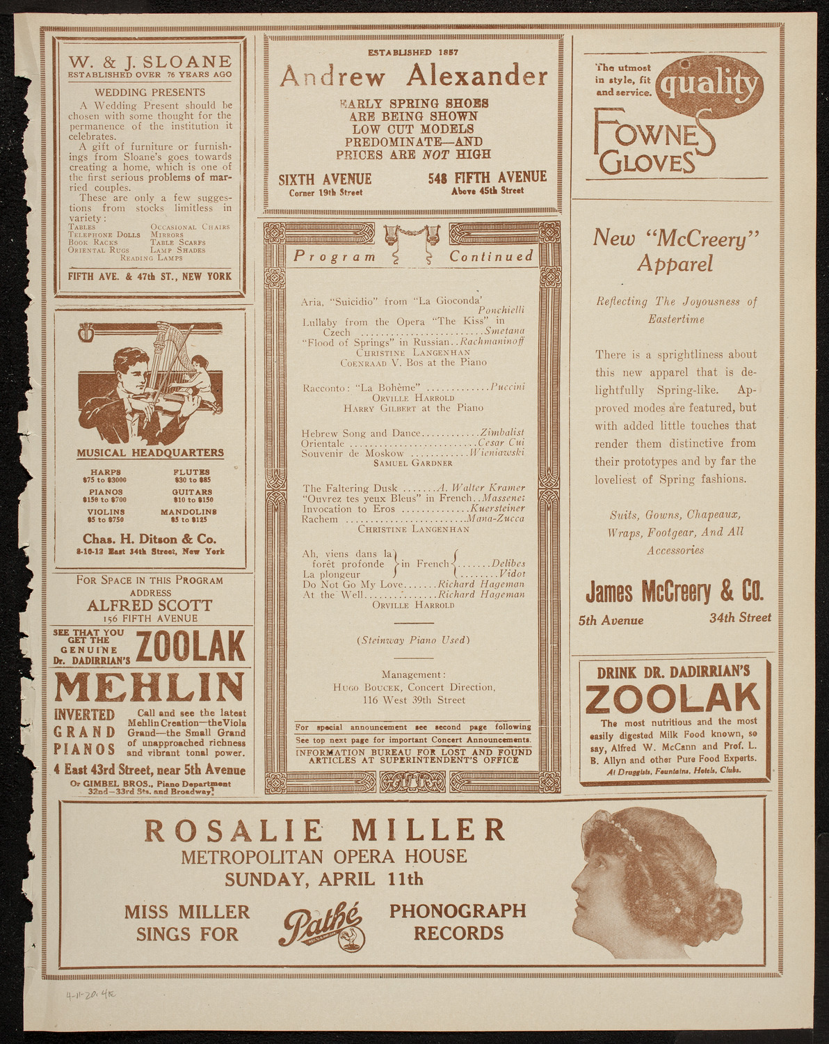 Gala Concert: Christine Langenhan, Orville Harrold, and Samuel Gardner, April 11, 1920, program page 7
