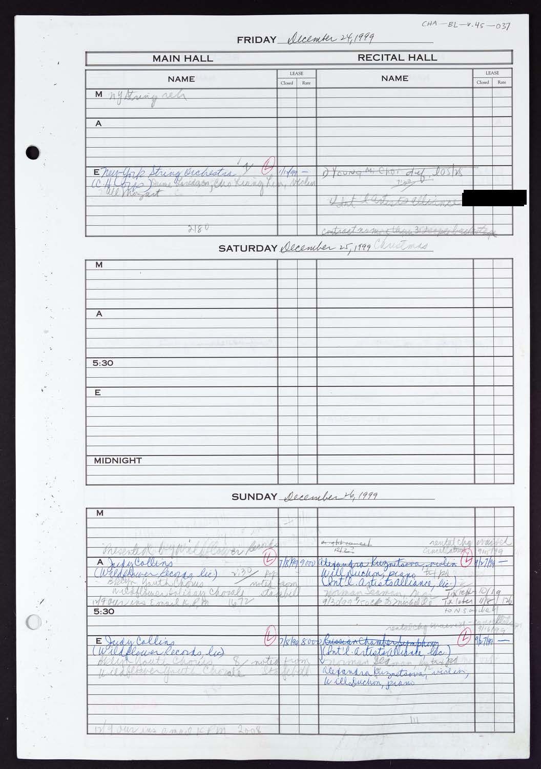 Carnegie Hall Booking Ledger, volume 45, page 37