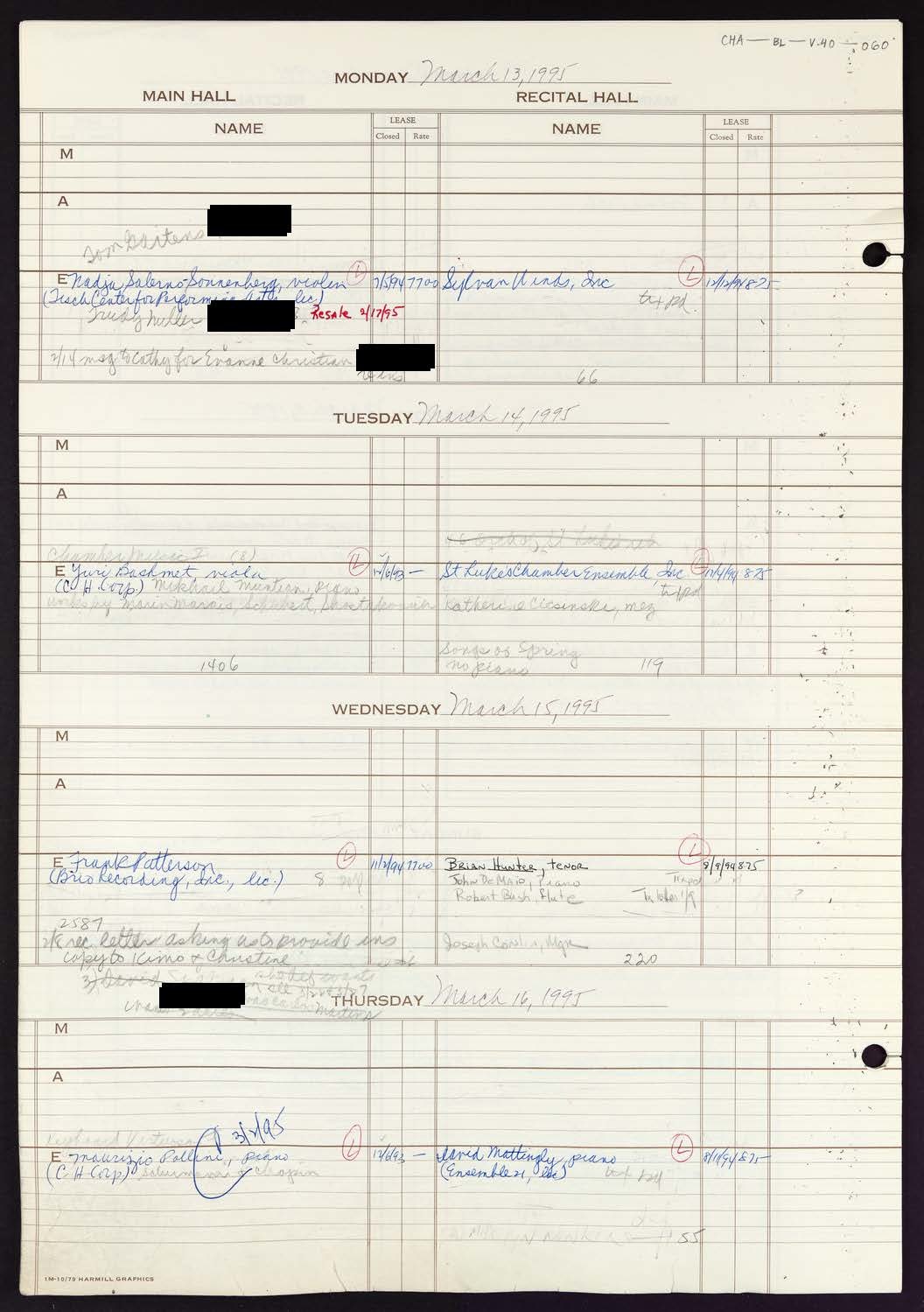 Carnegie Hall Booking Ledger, volume 40, page 60