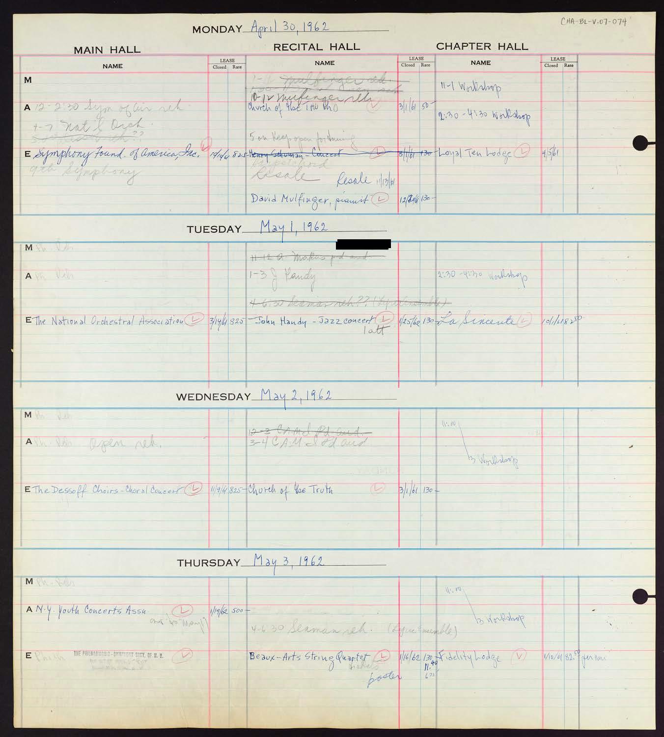 Carnegie Hall Booking Ledger, volume 7, page 74