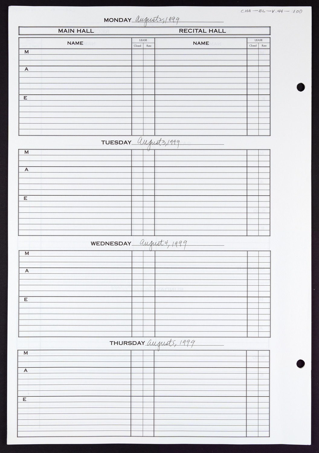 Carnegie Hall Booking Ledger, volume 44, page 100