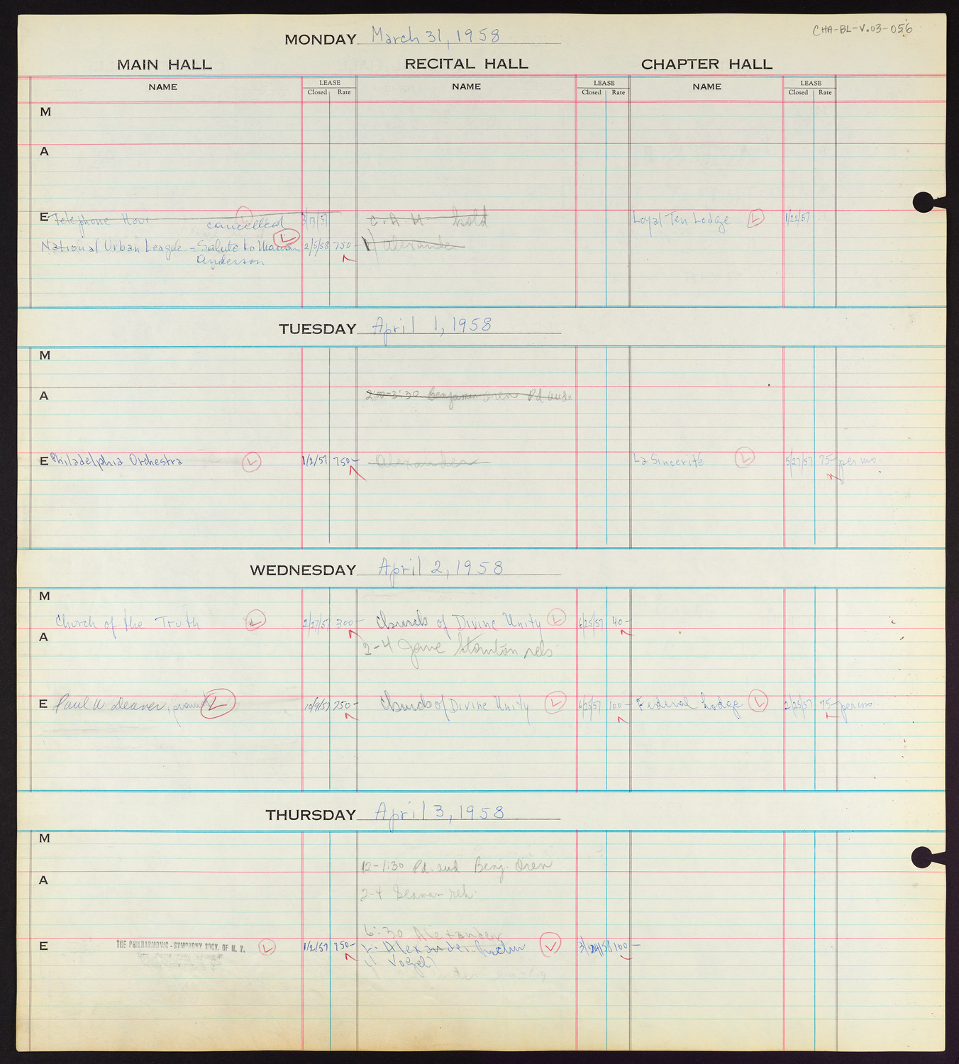 Carnegie Hall Booking Ledger, volume 3, page 56