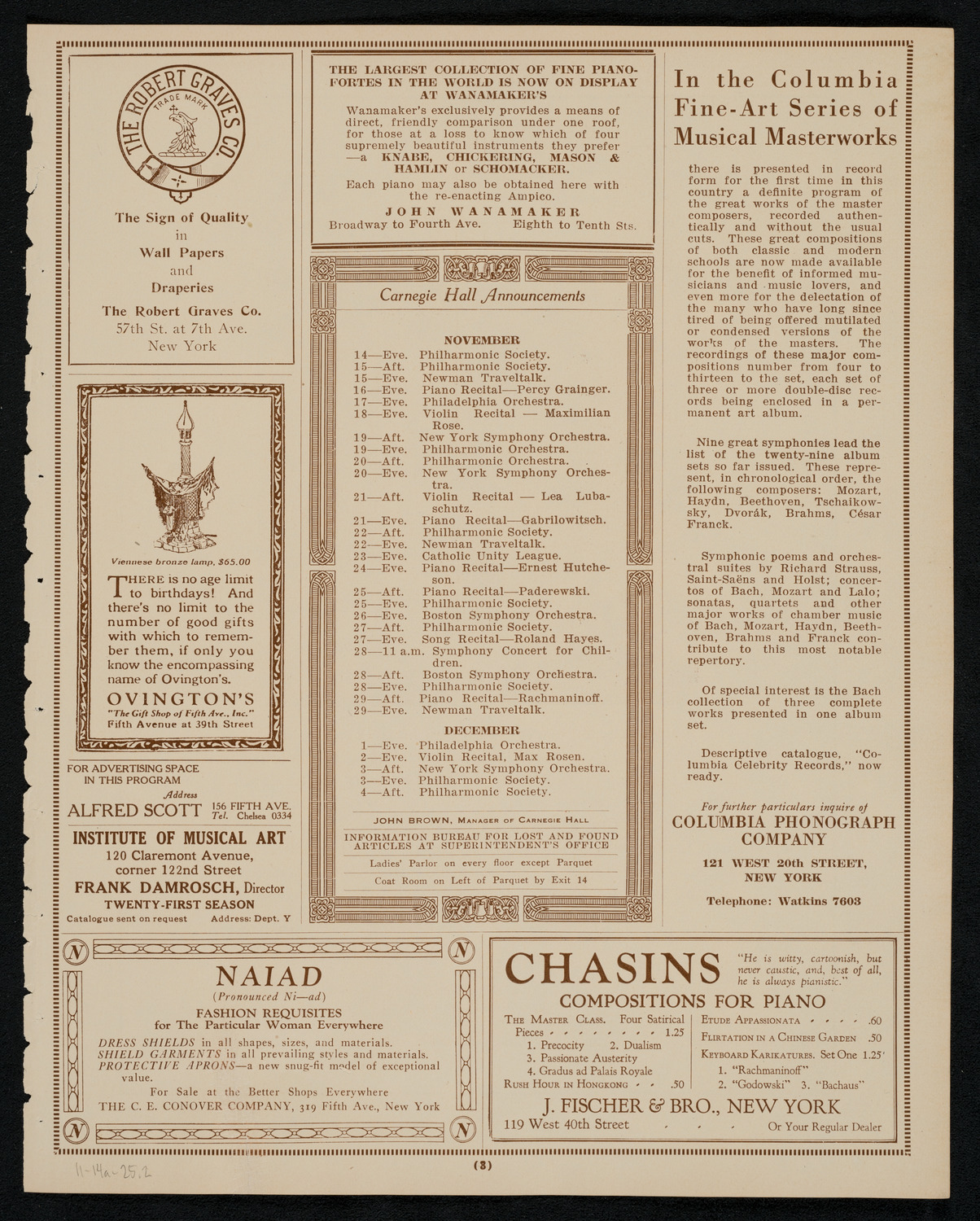 Josef Hofmann, Piano, November 14, 1925, program page 3