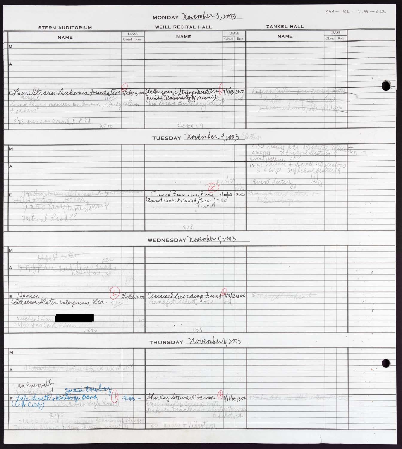 Carnegie Hall Booking Ledger, volume 49, page 22