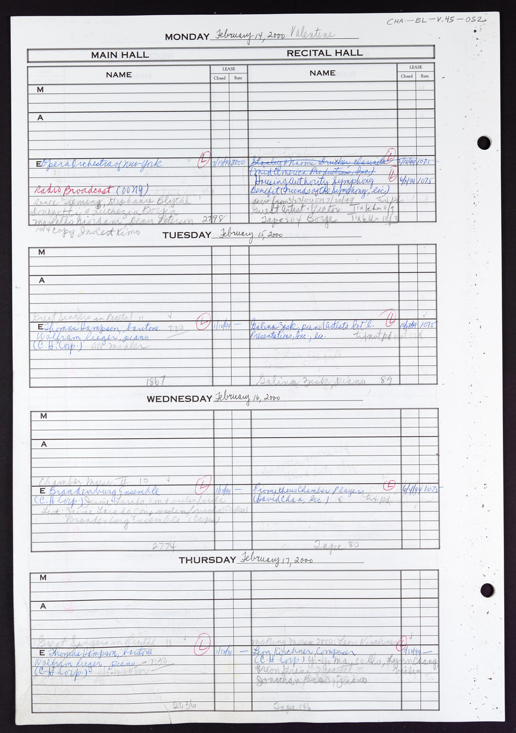 Carnegie Hall Booking Ledger, volume 45, page 52