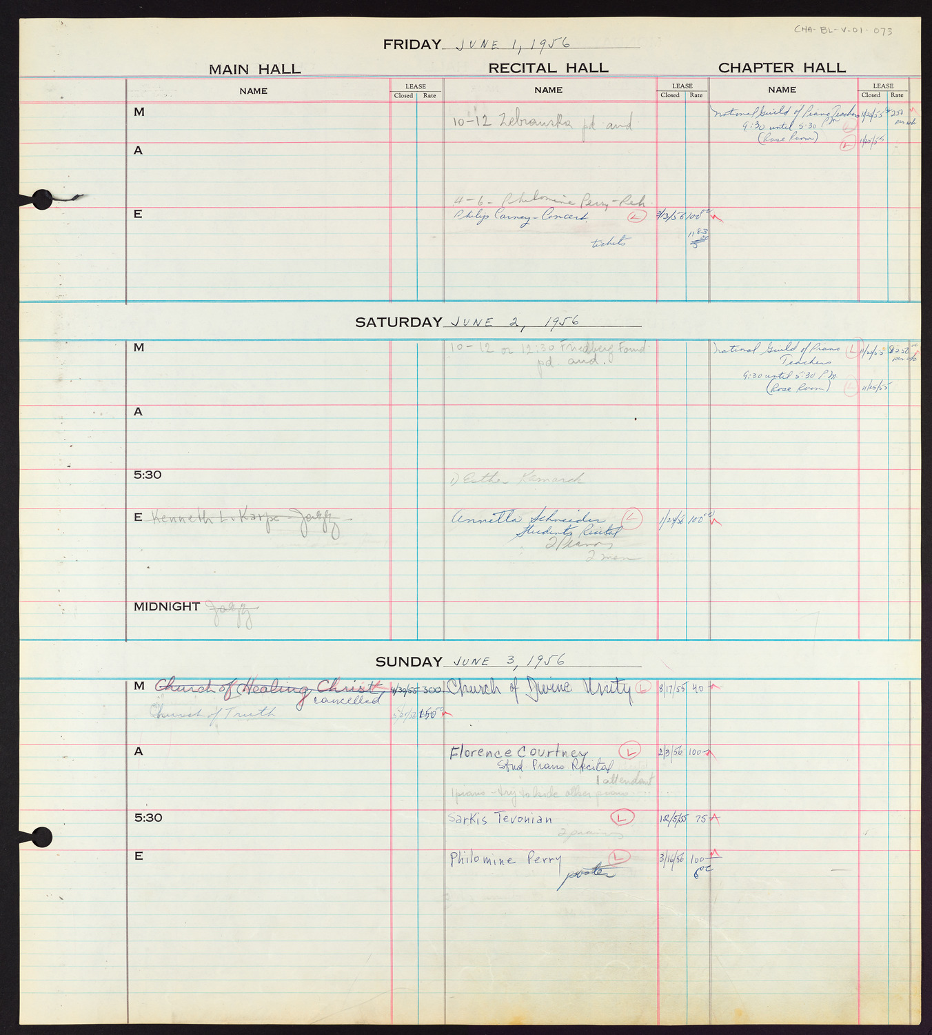 Carnegie Hall Booking Ledger, volume 1, page 73