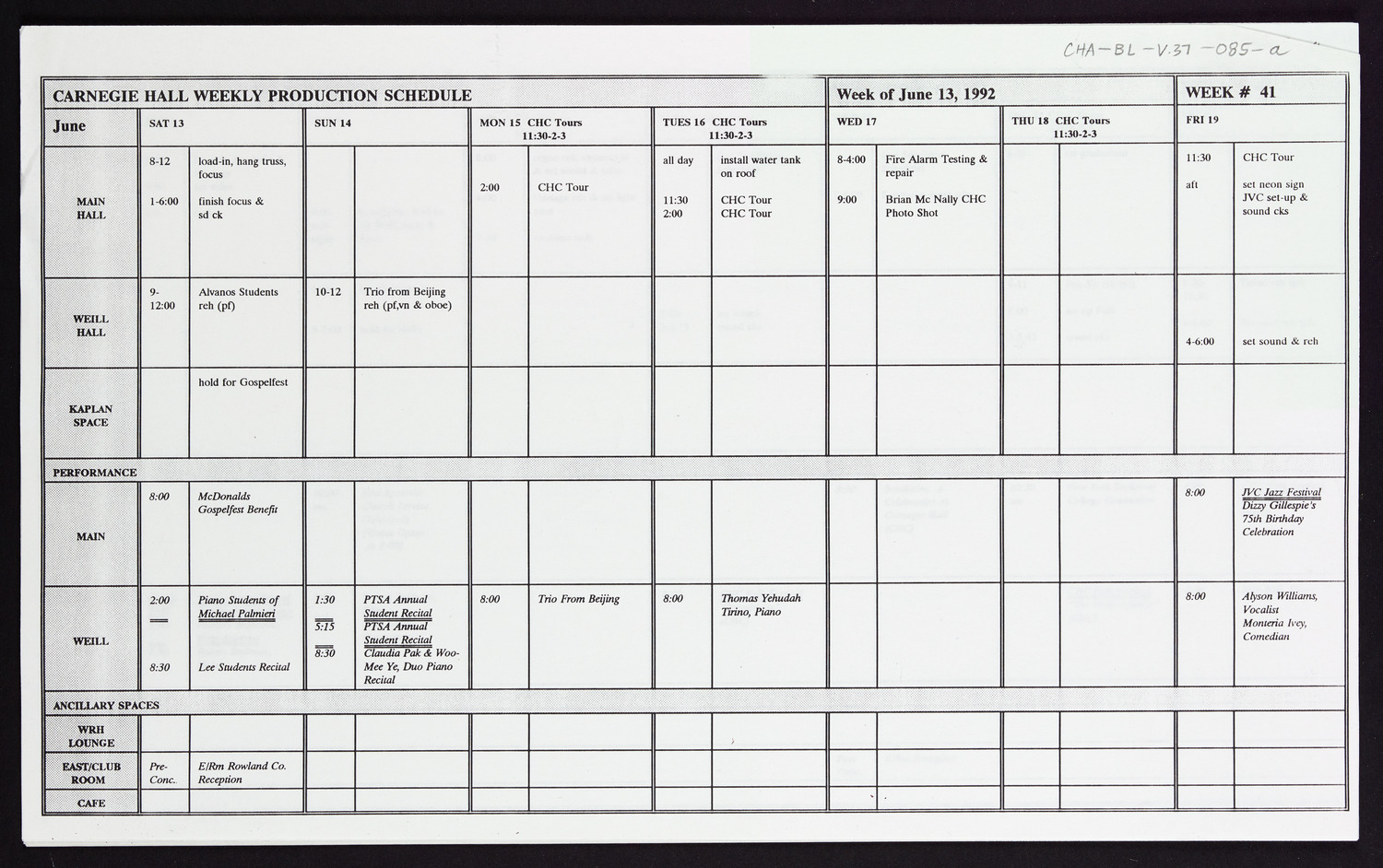 Carnegie Hall Booking Ledger, volume 37, page 85a