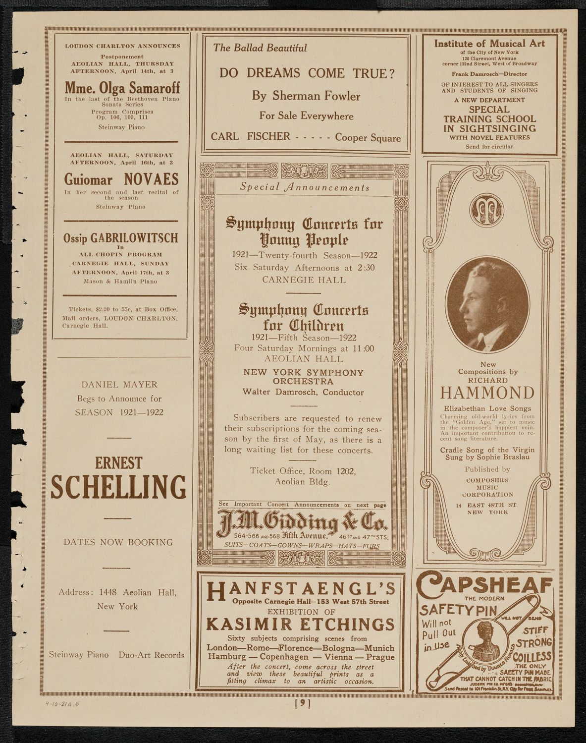 Sophie Braslau, Contralto, April 10, 1921, program page 9
