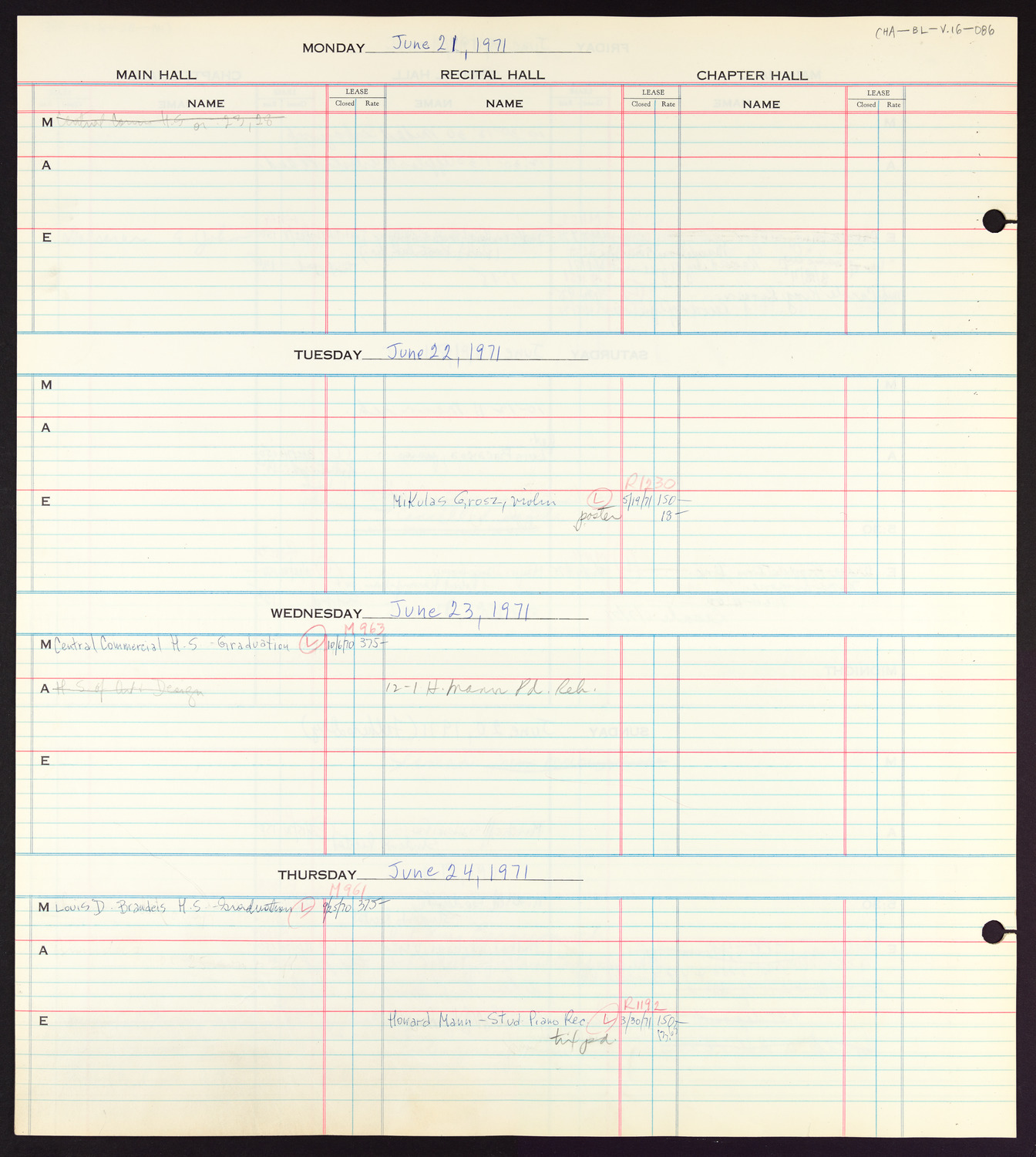 Carnegie Hall Booking Ledger, volume 16, page 86