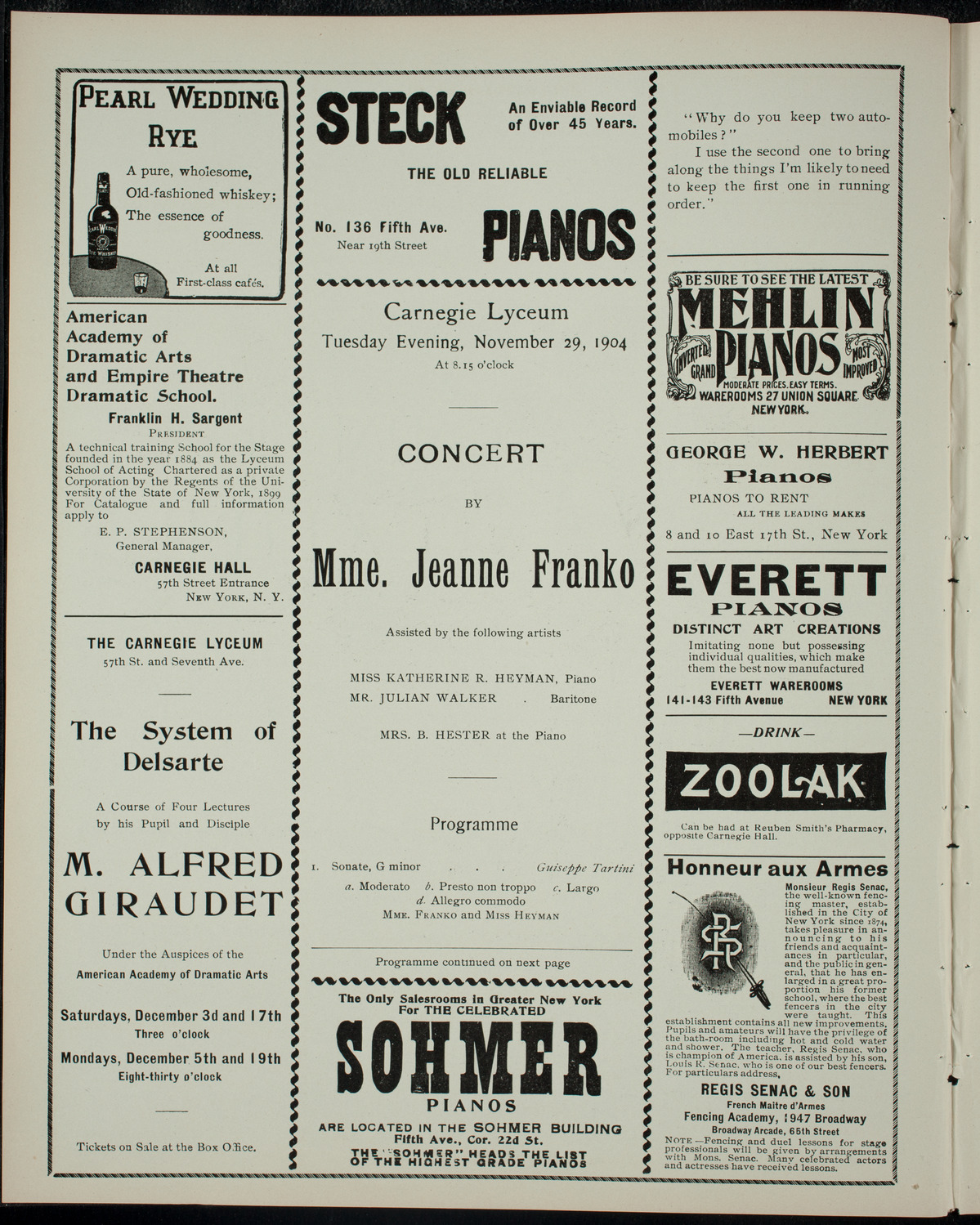Mme. Jeanne Franko, November 29, 1904, program page 2