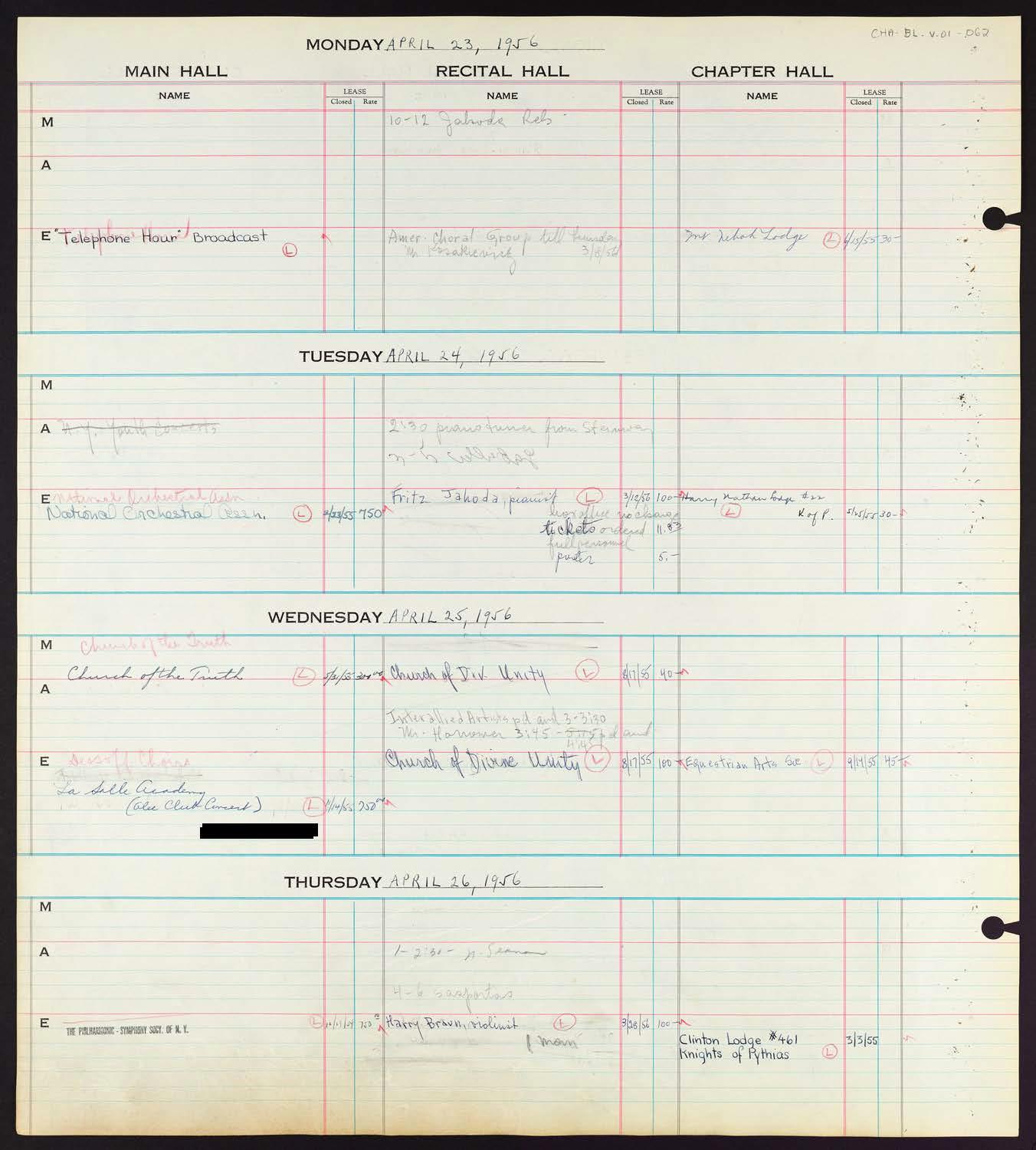 Carnegie Hall Booking Ledger, volume 1, page 62