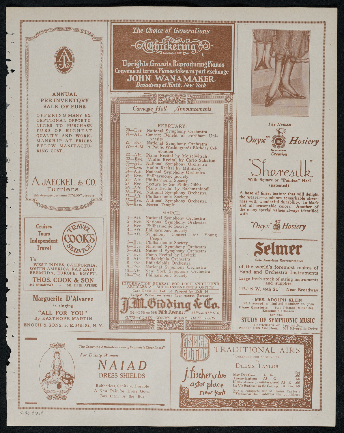 New York Philharmonic, February 20, 1921, program page 3
