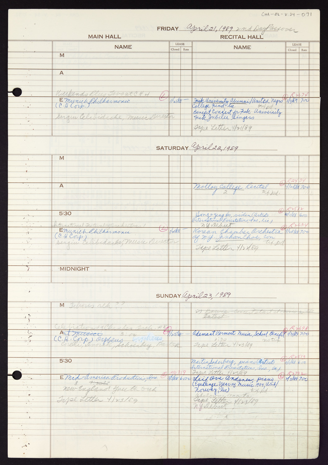 Carnegie Hall Booking Ledger, volume 34, page 71