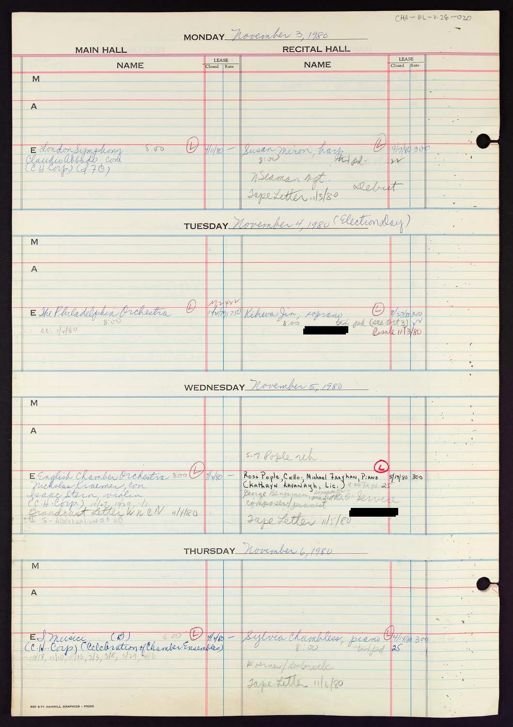 Carnegie Hall Booking Ledger, volume 26, page 20