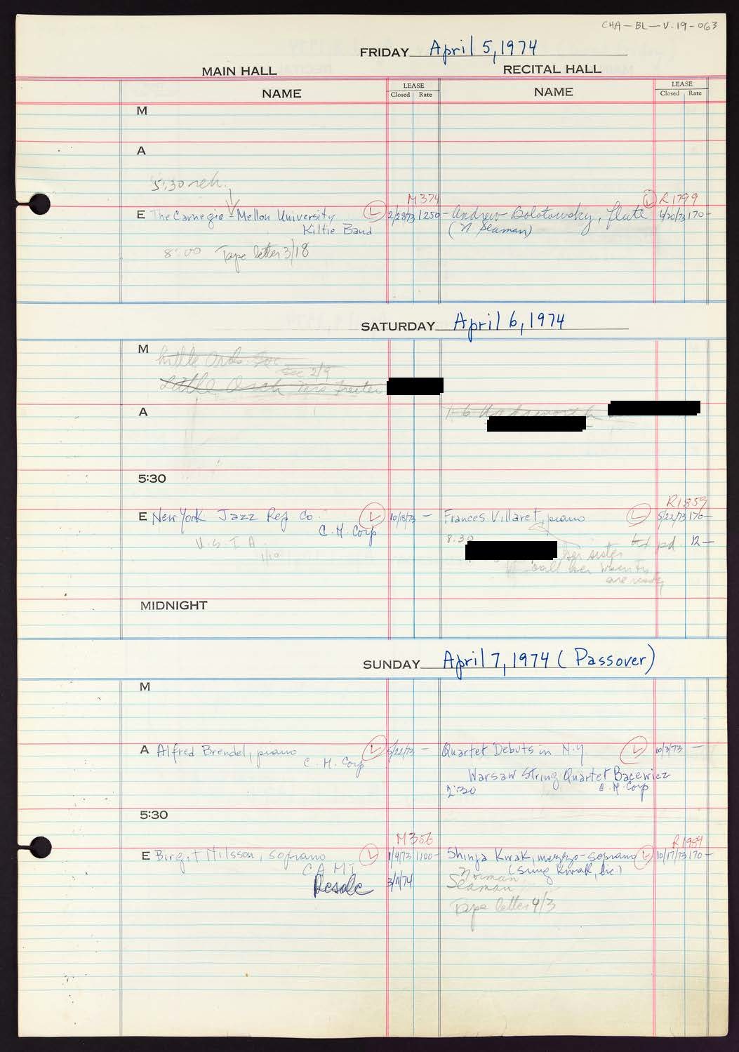 Carnegie Hall Booking Ledger, volume 19, page 63