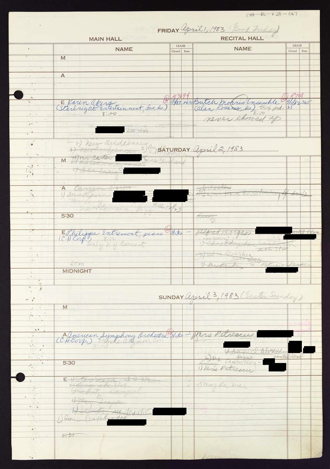 Carnegie Hall Booking Ledger, volume 28, page 67