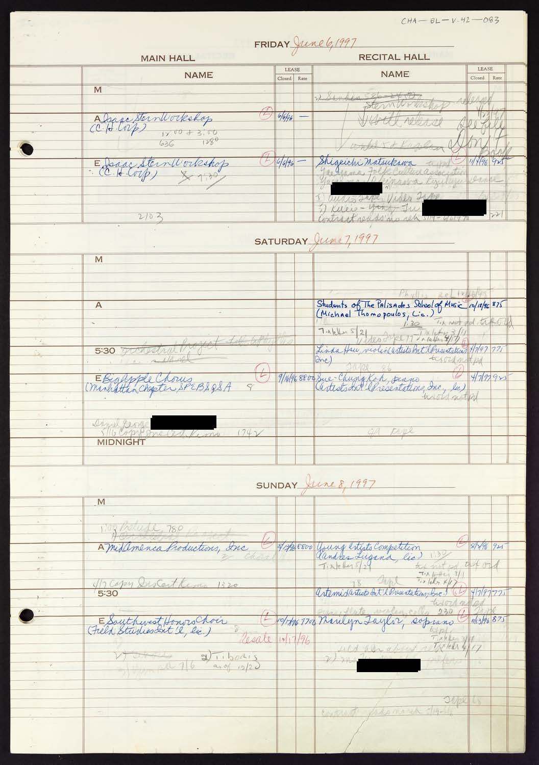 Carnegie Hall Booking Ledger, volume 42, page 83