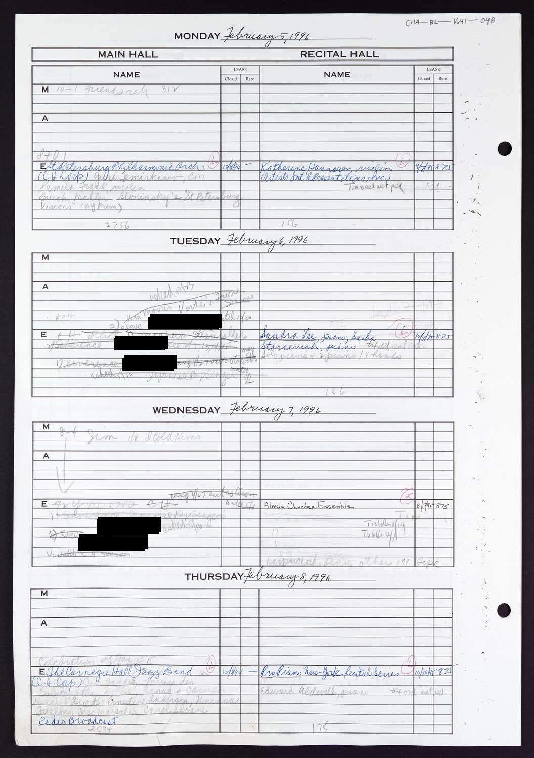 Carnegie Hall Booking Ledger, volume 41, page 48