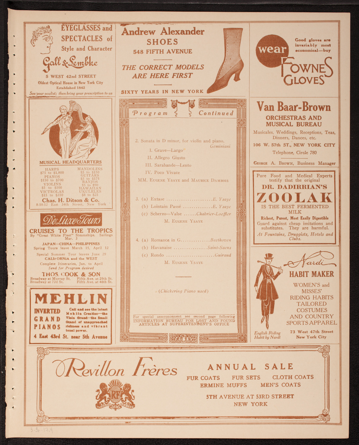 Eugène Ysaÿe, Violin, March 3, 1917, program page 7