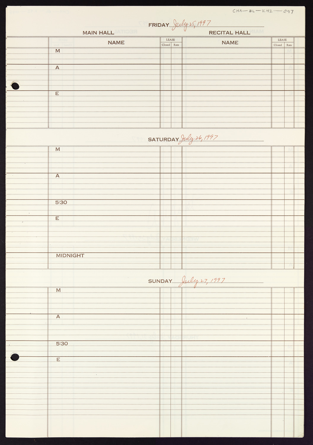 Carnegie Hall Booking Ledger, volume 42, page 97