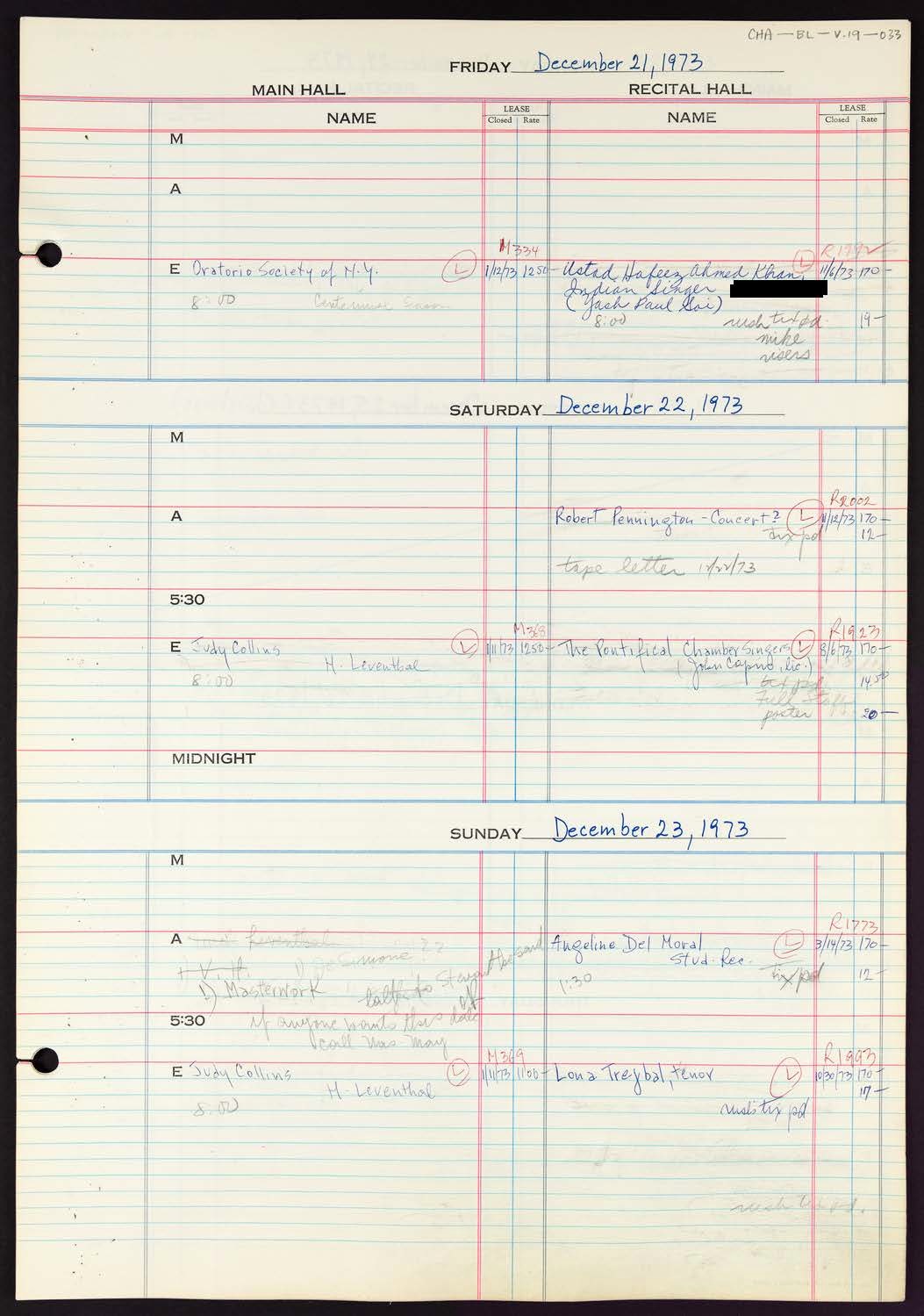 Carnegie Hall Booking Ledger, volume 19, page 33