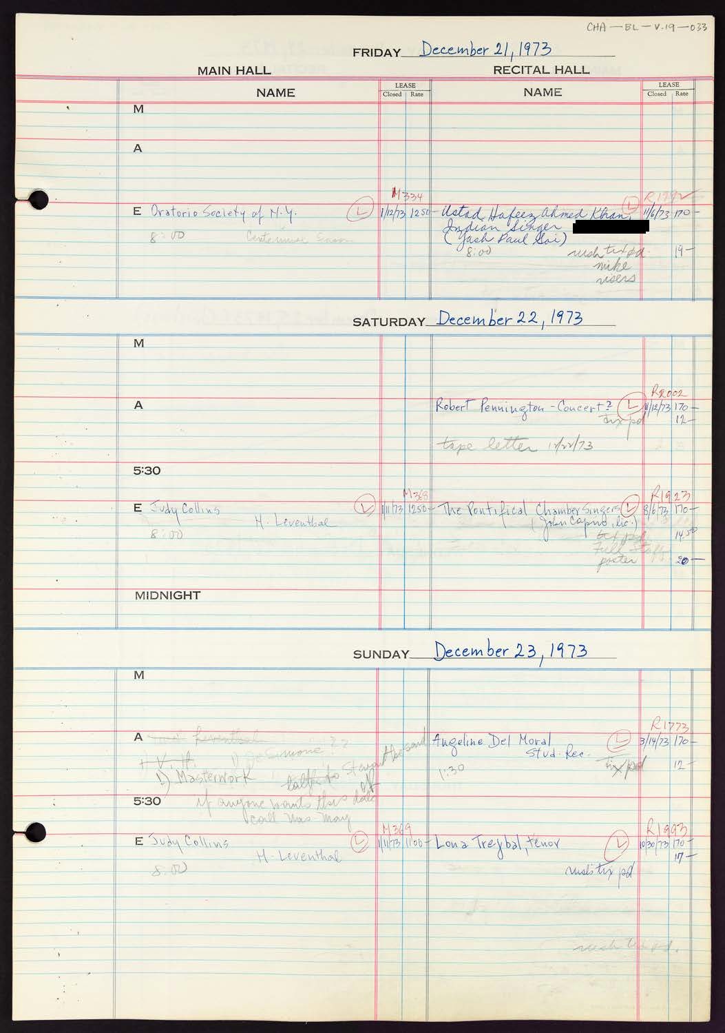 Carnegie Hall Booking Ledger, volume 19, page 33