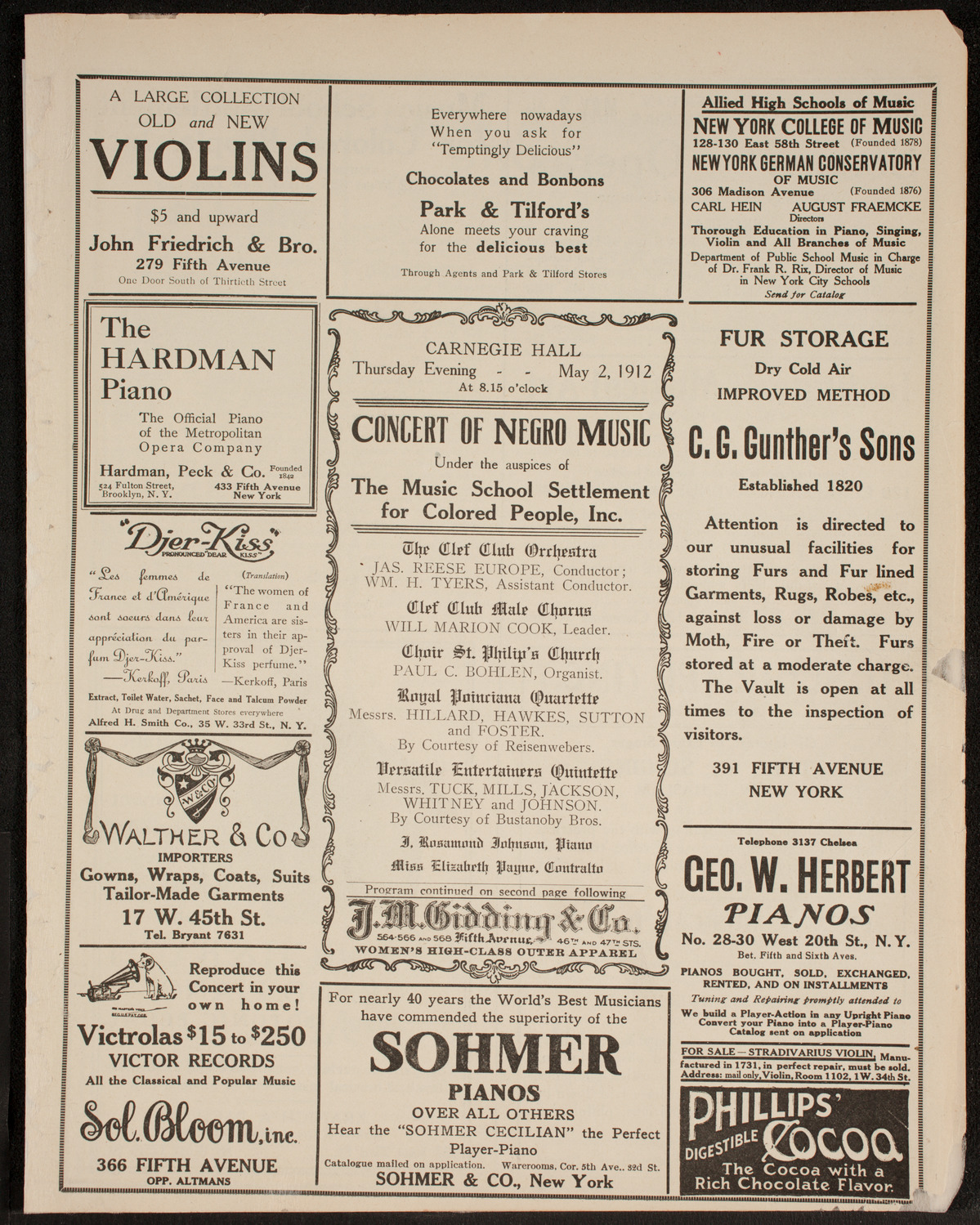 Clef Club Orchestra: Concert of Negro Music, May 2, 1912, program page 5