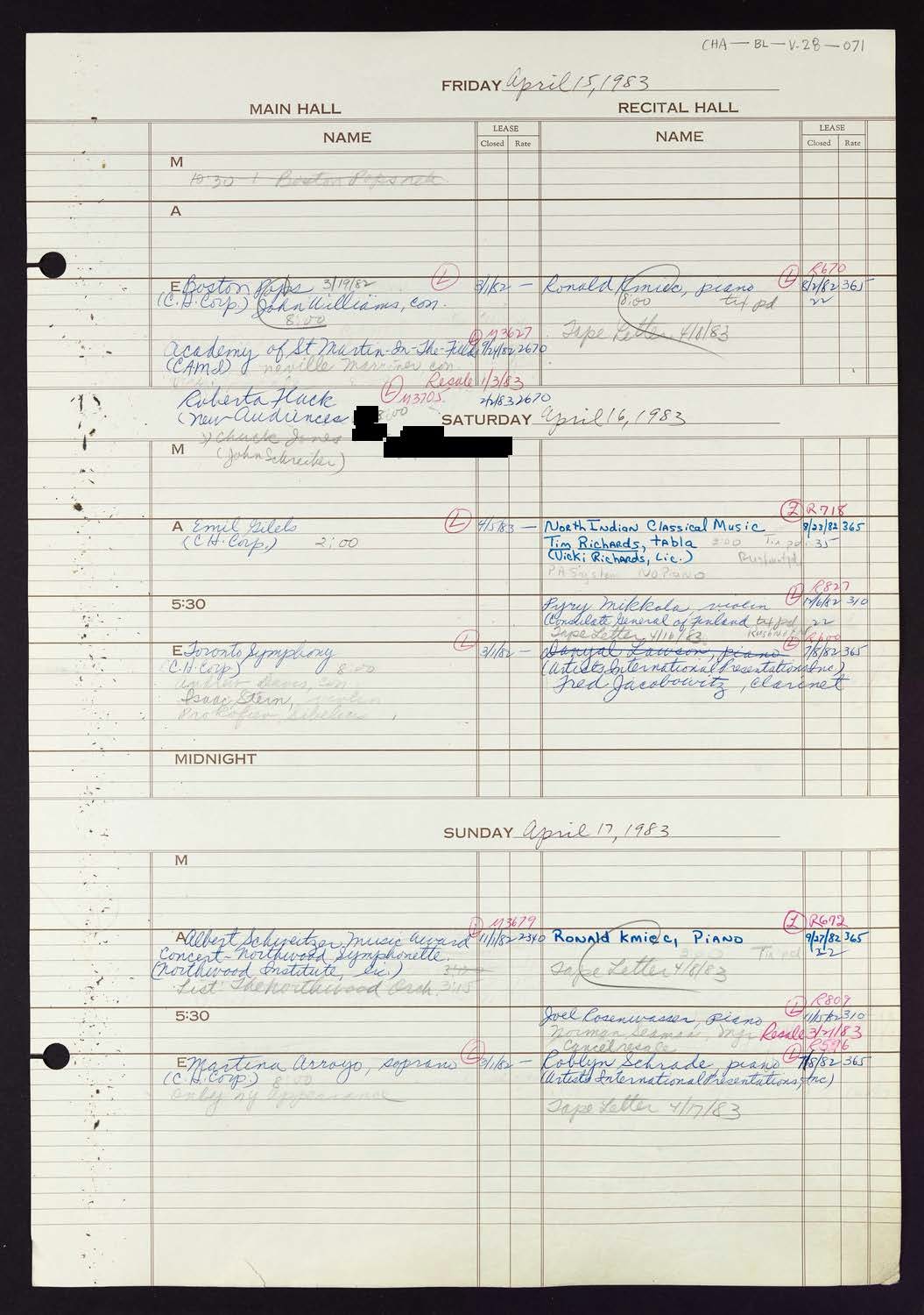 Carnegie Hall Booking Ledger, volume 28, page 71
