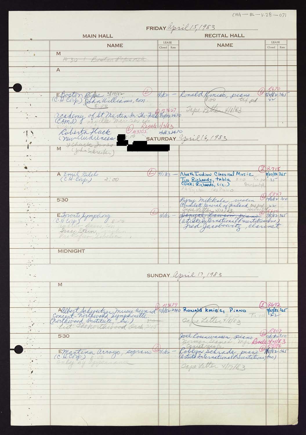 Carnegie Hall Booking Ledger, volume 28, page 71