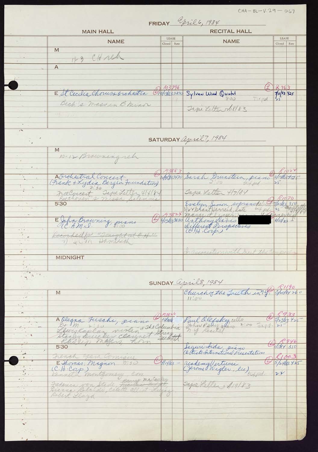 Carnegie Hall Booking Ledger, volume 29, page 67