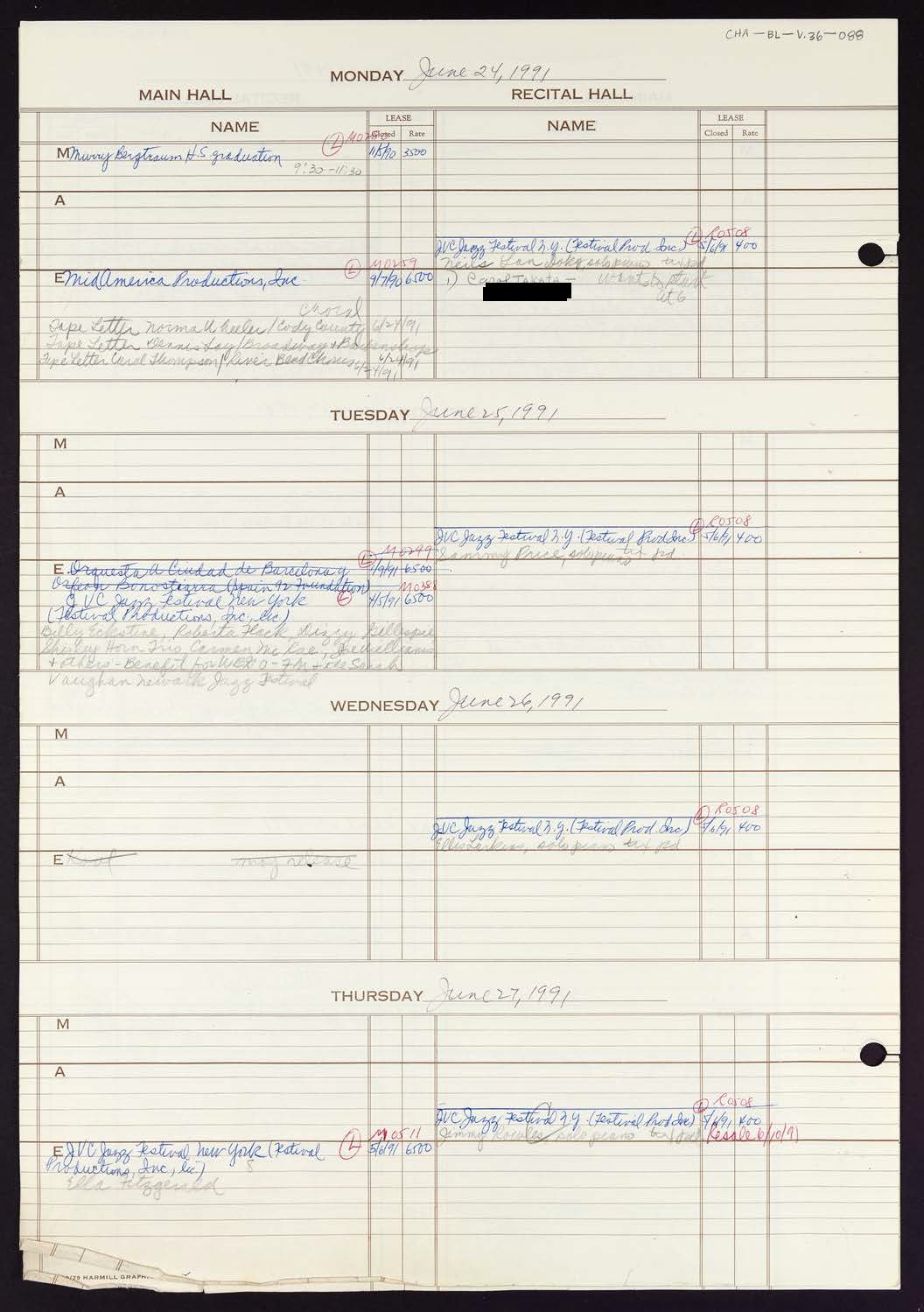 Carnegie Hall Booking Ledger, volume 36, page 88