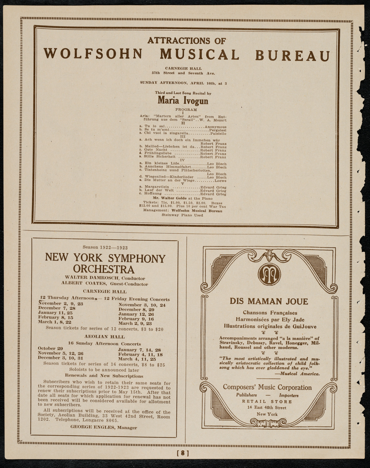 Germaine Schnitzer, Piano, with May Peterson, Soprano, and Rubin Davis, Violin, April 9, 1922, program page 8