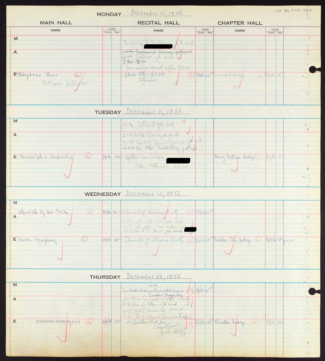 Carnegie Hall Booking Ledger, volume 2, page 22