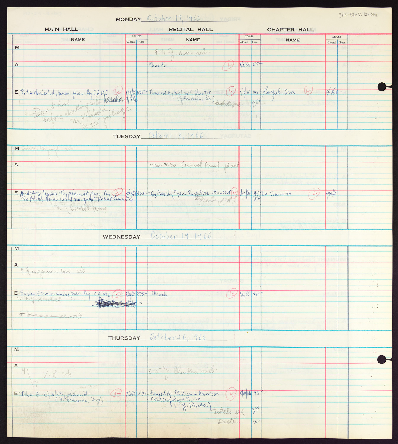 Carnegie Hall Booking Ledger, volume 12, page 16