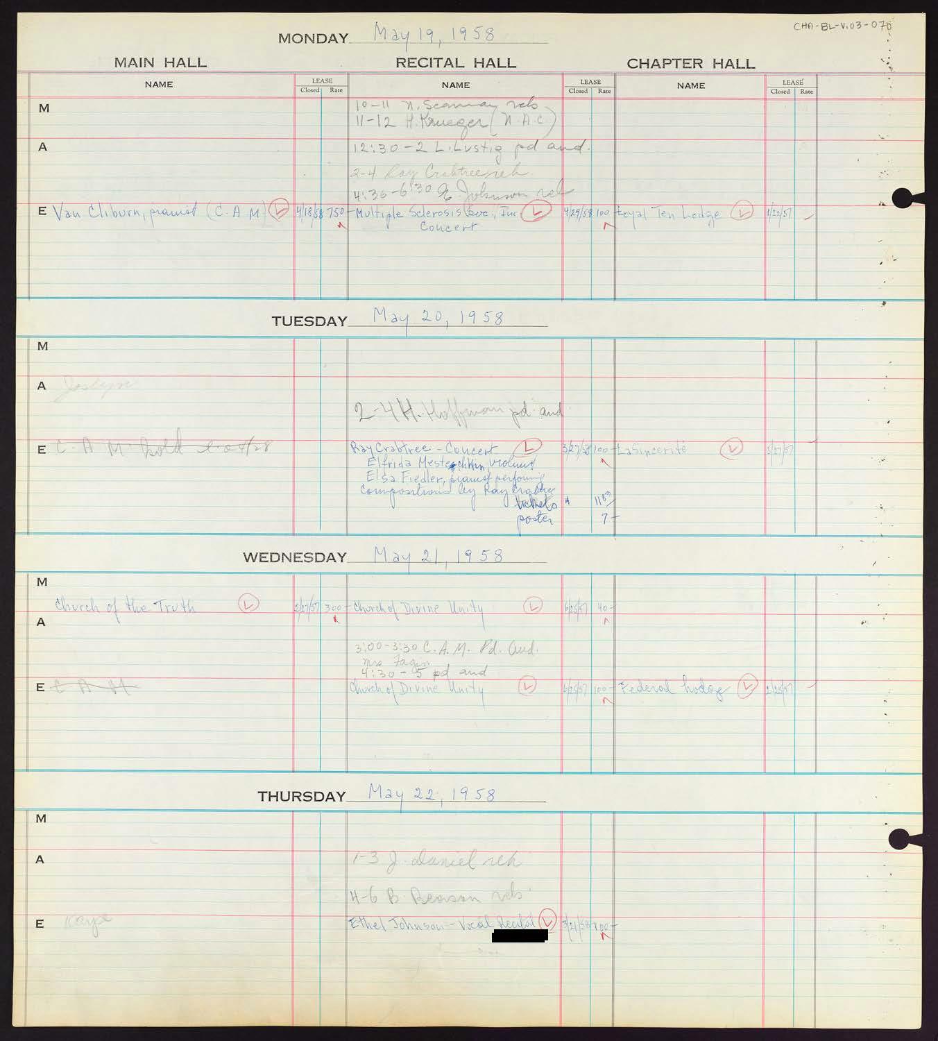 Carnegie Hall Booking Ledger, volume 3, page 70