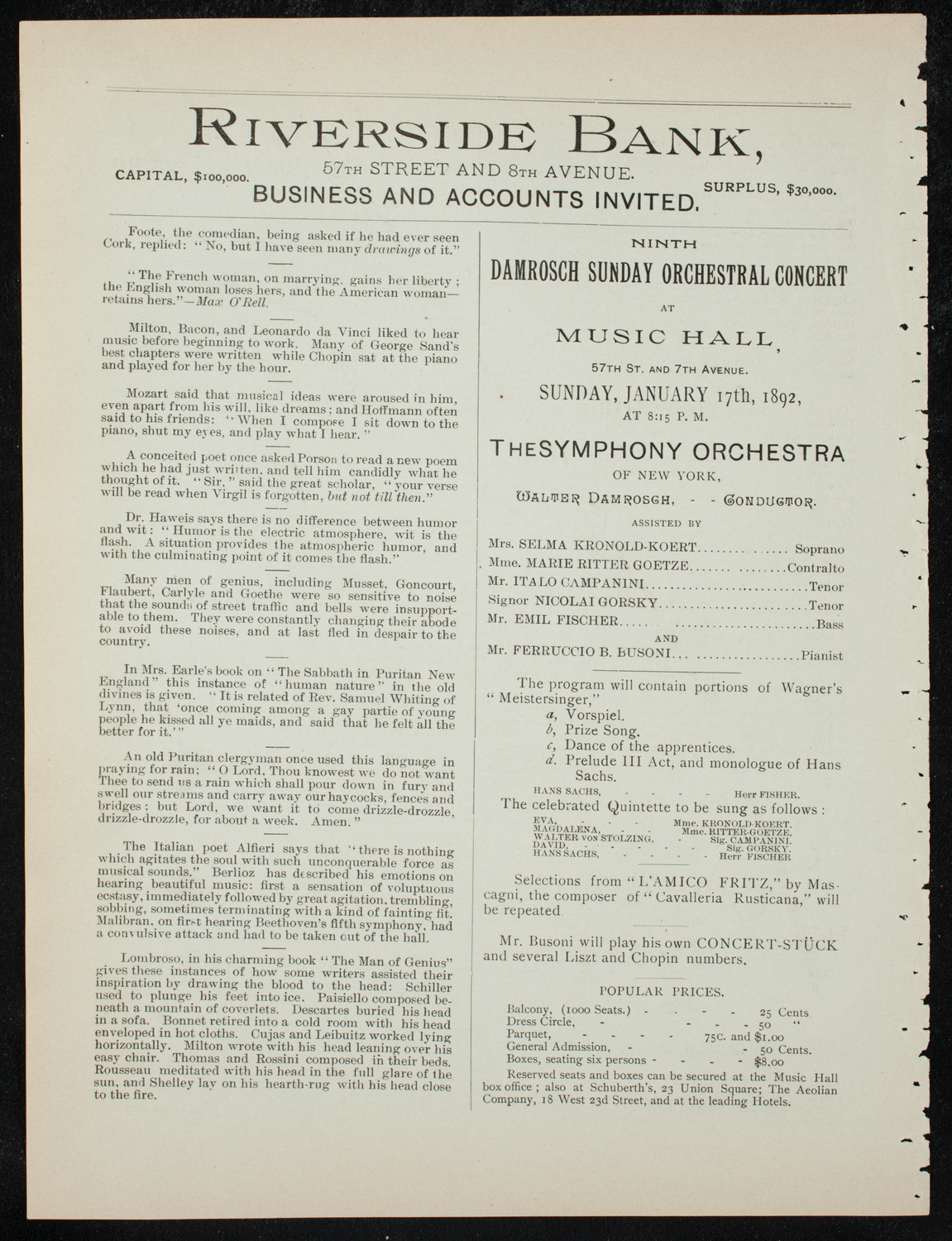 Damrosch Sunday Concert, January 10, 1892, program page 8