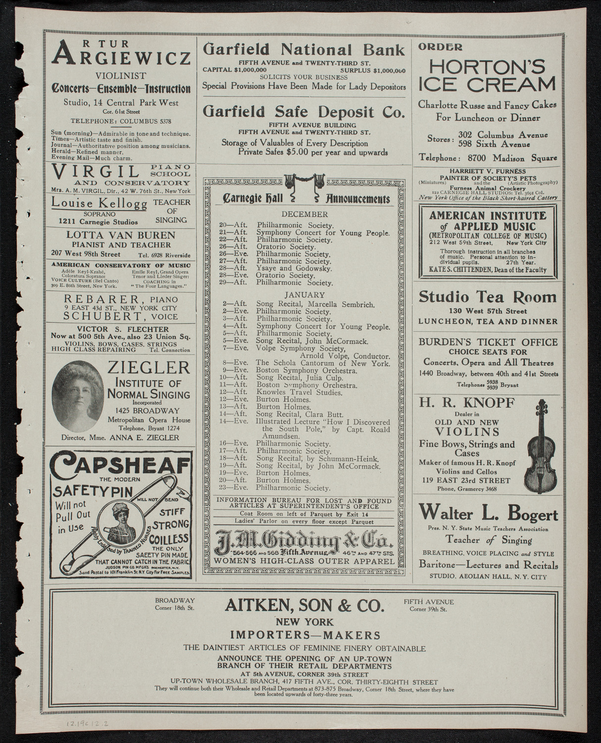 New York Philharmonic, December 19, 1912, program page 3