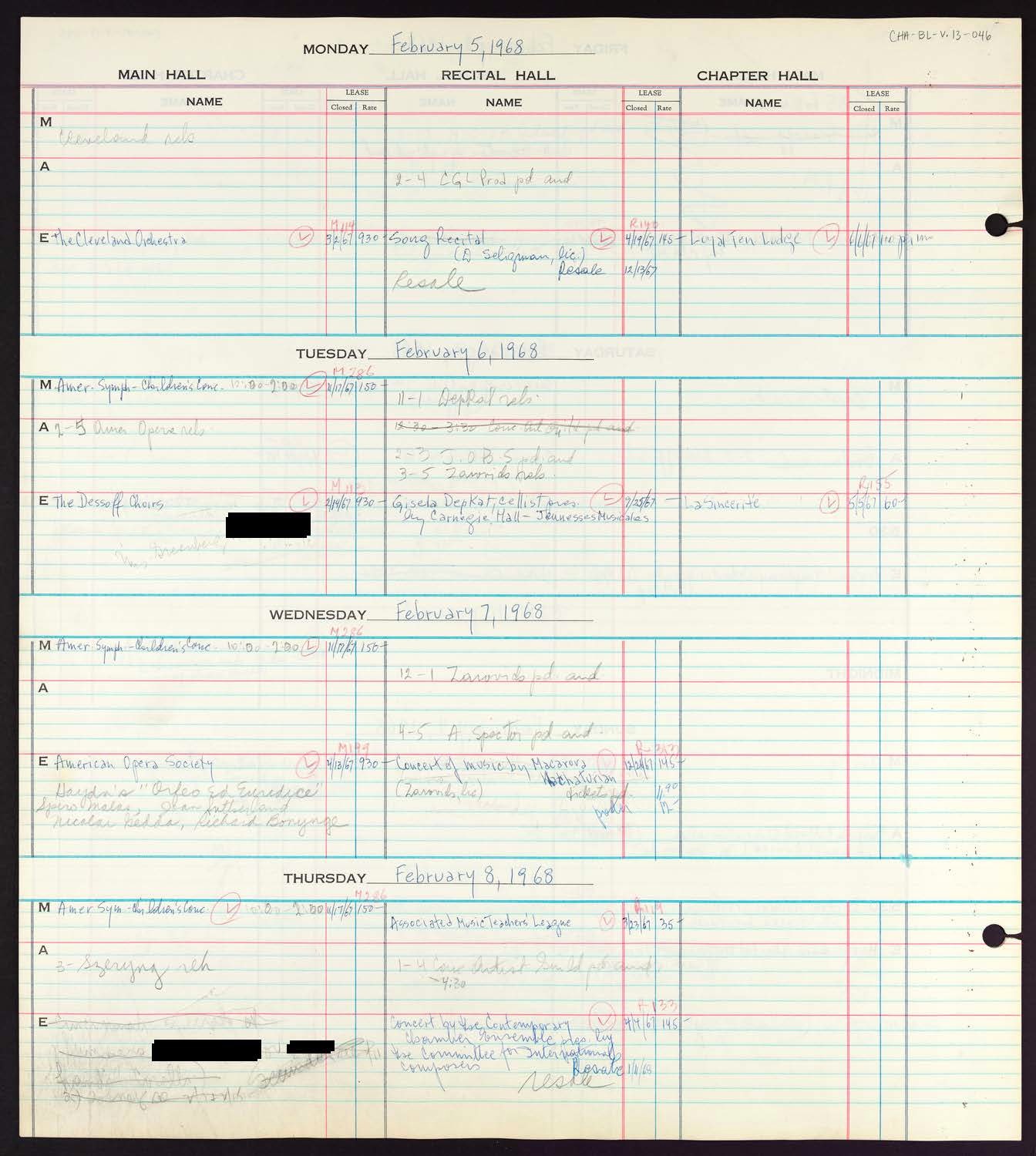 Carnegie Hall Booking Ledger, volume 13, page 46