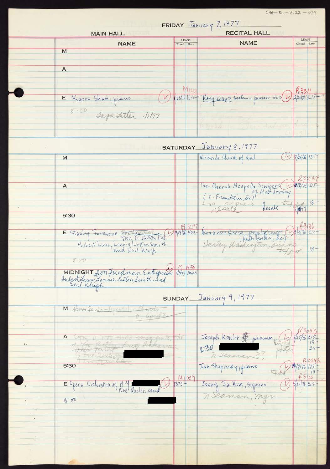 Carnegie Hall Booking Ledger, volume 22, page 39