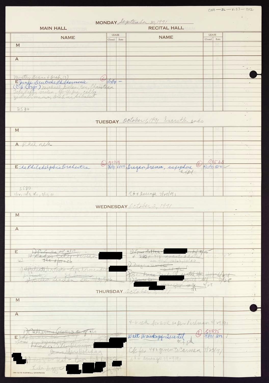 Carnegie Hall Booking Ledger, volume 37, page 12