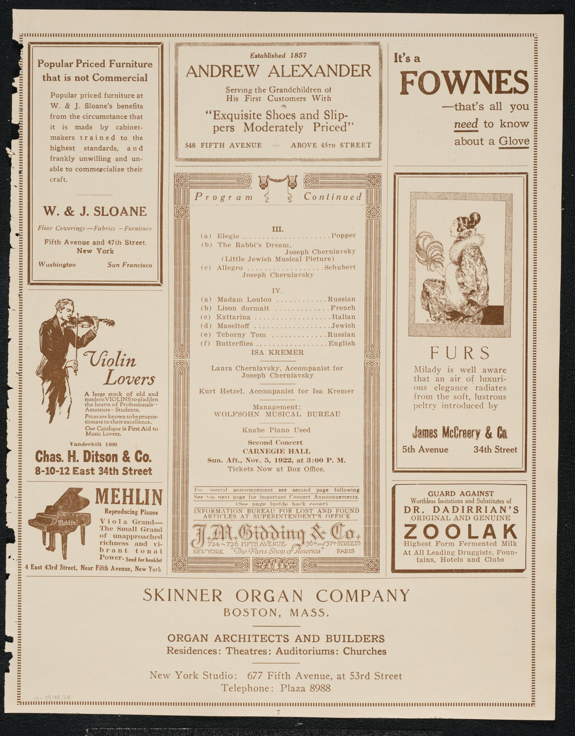 Isa Kremer, Soprano, October 29, 1922, program page 7