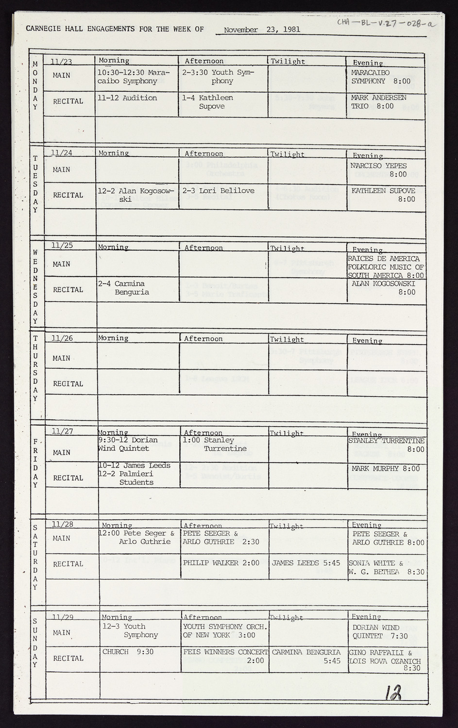 Carnegie Hall Booking Ledger, volume 27, page 28a