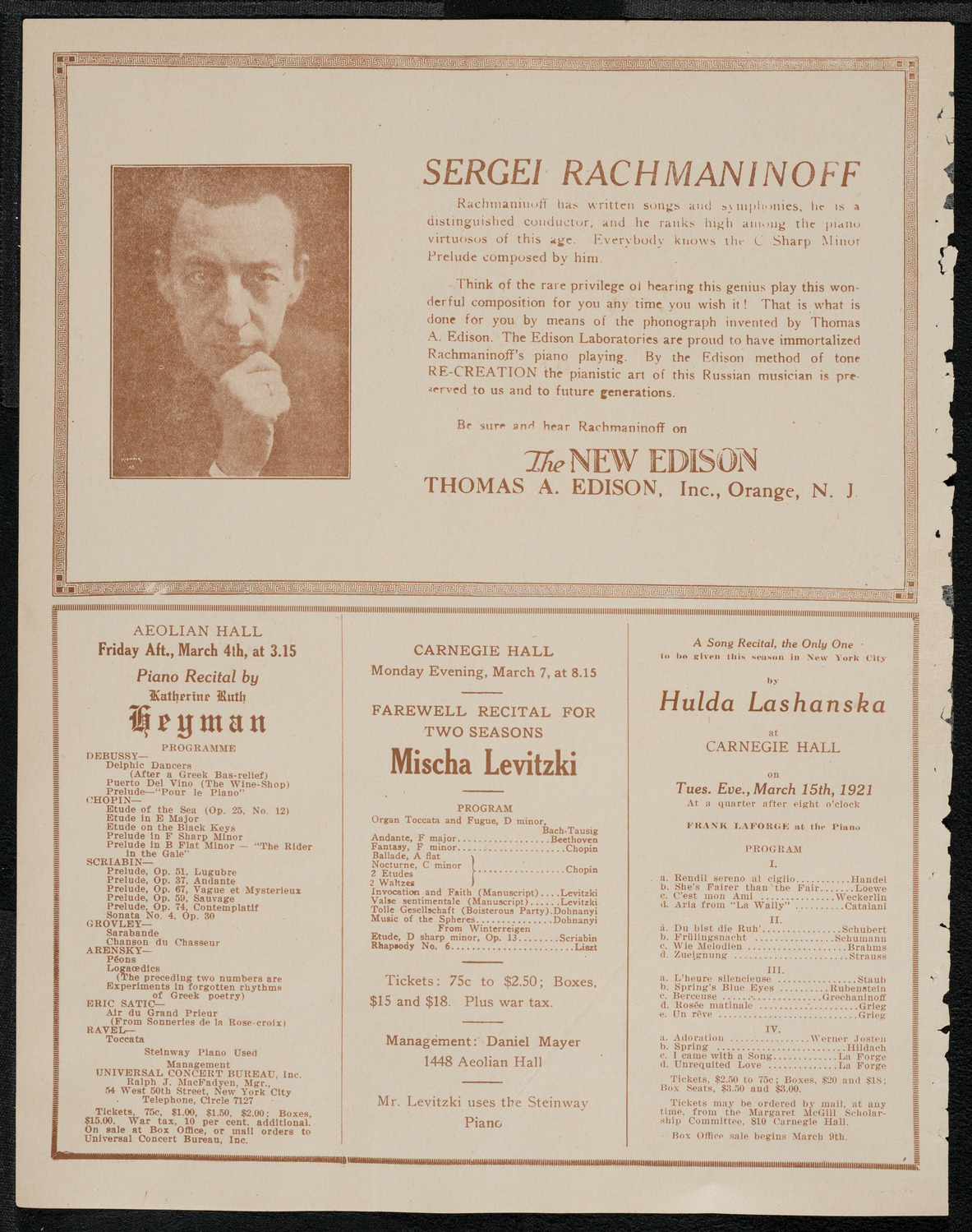 Sergei Rachmaninoff, Piano, February 26, 1921, program page 2