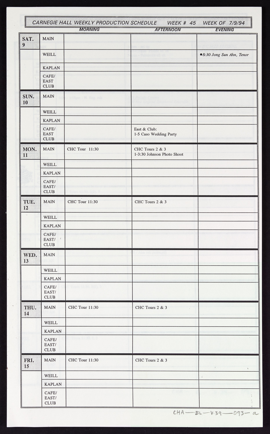 Carnegie Hall Booking Ledger, volume 39, page 93a