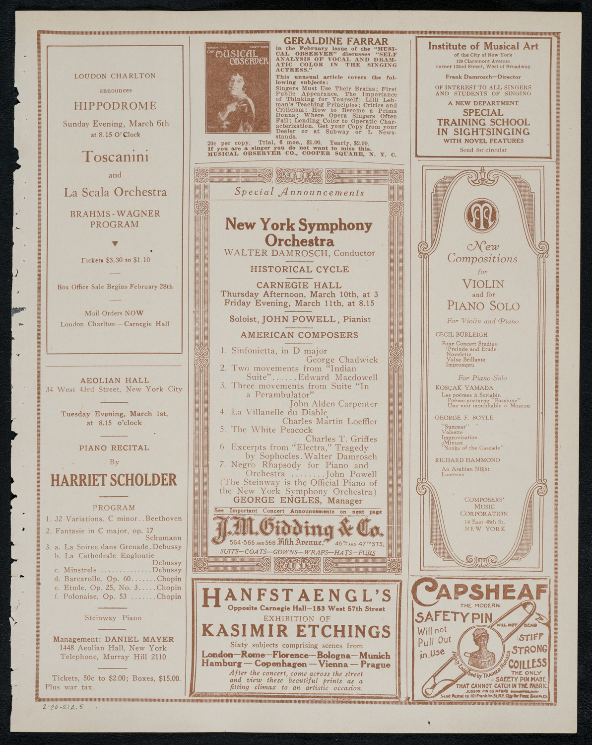 New York Philharmonic, February 20, 1921, program page 9