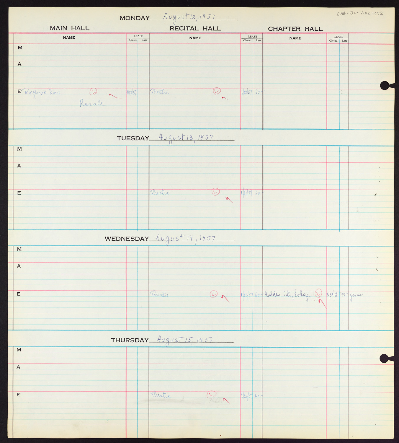 Carnegie Hall Booking Ledger, volume 2, page 92