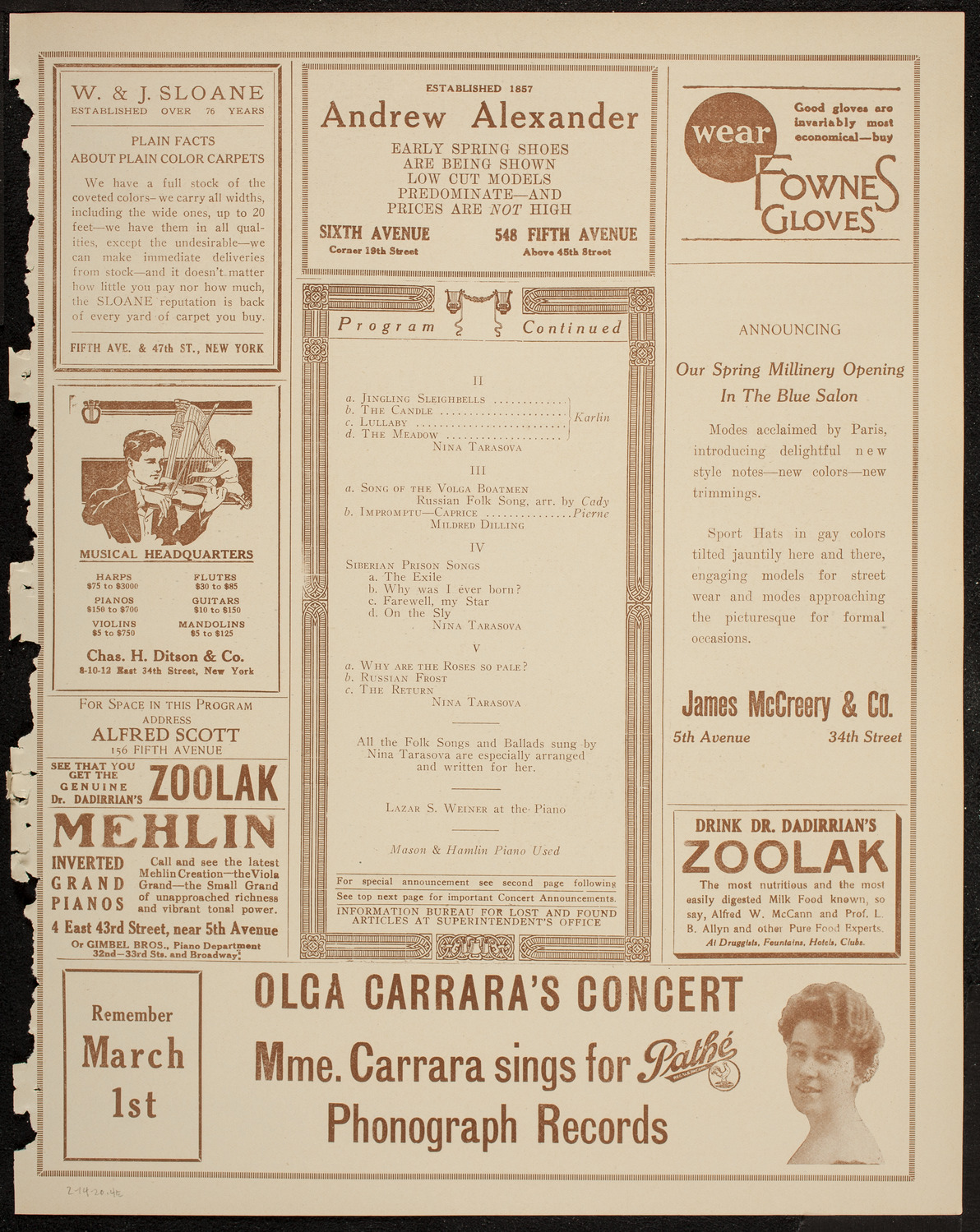 Nina Tarasova, Folk Singer, February 14, 1920, program page 7