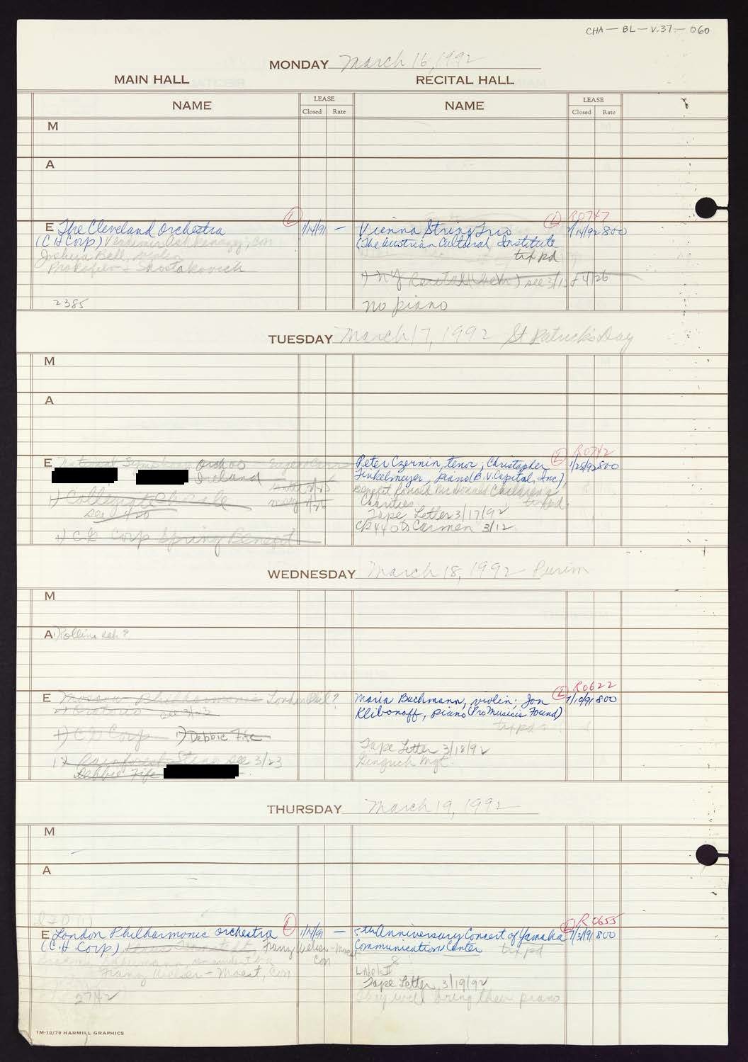 Carnegie Hall Booking Ledger, volume 37, page 60