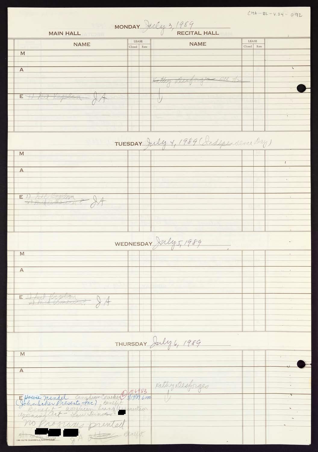 Carnegie Hall Booking Ledger, volume 34, page 92